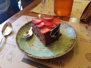 Vegan chocolate strawberry cake. Soft, sweet and good. 9/10 at Farmers' Cafe in Mumbai