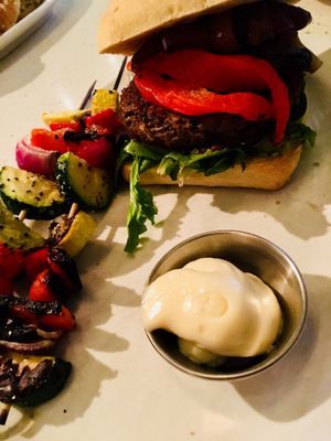 Impossible burger + veggie skewers = yum! at The Counter in San Mateo