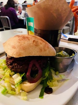 Impossible burger + guac + sweet potato fries at The Counter in San Mateo