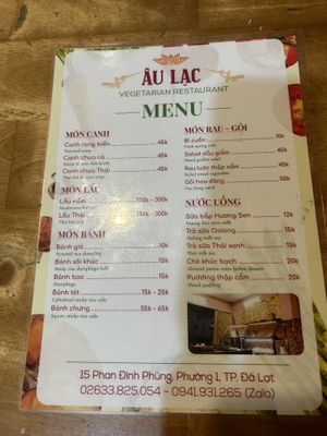 Menu  at Tiem Chay Au Lac in Da Lat