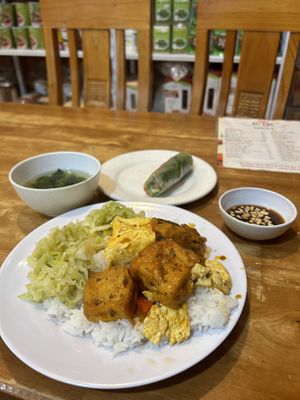 Rice with tofu and vegetables and springroll  at Tiem Chay Au Lac in Da Lat