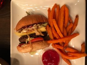 1/2 BBQ Burger with sweet potato fries at Panacea in Las Vegas