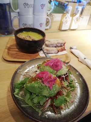 Soup of the day + avocado toast at TICH Healthy Living in Brussels