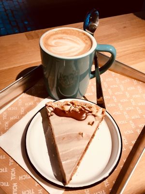 Banana cream pie & latte. Hmmm! at TICH Healthy Living in Brussels