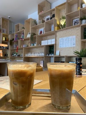 Iced latte with homemade almond milk  at TICH Healthy Living in Brussels