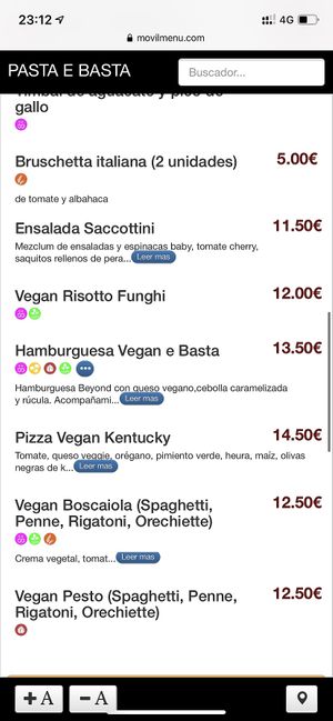 Vegan menu  at Pizza Basta Restaurante in Cambrils