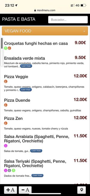 Vegan menu  at Pizza Basta Restaurante in Cambrils