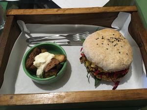 Power burger: quinoa, lentils, chickpeas and flaxseed at Lenteja Loca in Puerto Varas