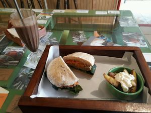the "pollo" seitan satay burger and chocolate smoothy shake thing!  at Lenteja Loca in Puerto Varas