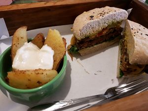 seitan burger  at Lenteja Loca in Puerto Varas