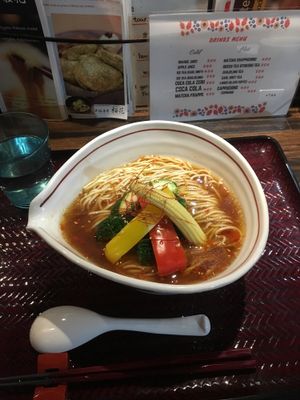 Spicy vegan ramen bowl at Shinjukugyoen Ramen Ouka in Tokyo