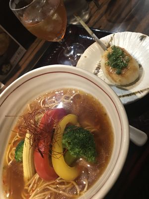 Vegan ramen plus sticky rice appetizer  at Shinjukugyoen Ramen Ouka in Tokyo