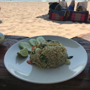 Green curry with fried rice and vegetables  at Soulkitchen in Koh Lanta
