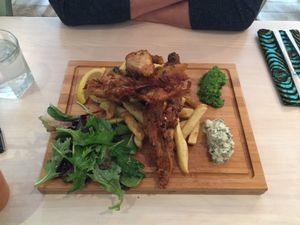 banana blossom fish and chips  at Nourish in Bath