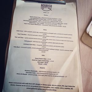 Menu, changes frequently and the specials are always good  at Nourish in Bath