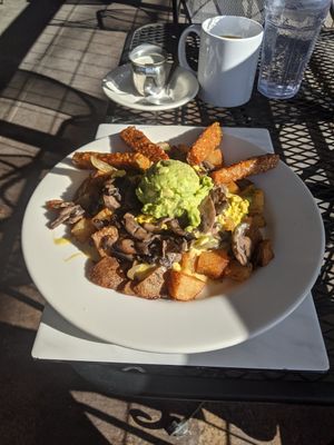 The Mountain with Tempeh "Bacon" sticks, Mushrooms, and Guacamole with cheese at Vertical Diner in Salt Lake City