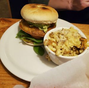 Breaded Chicken sandwich with macaroni and cheese at Vertical Diner in Salt Lake City