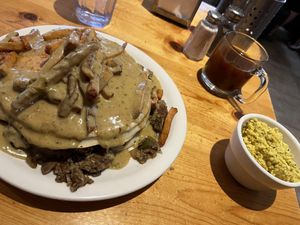 The famous dude cakes and side tofu scramble  at Vertical Diner in Salt Lake City