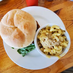 Tony Hawk Burger on standard bun with Mac N Cheese sude at Vertical Diner in Salt Lake City