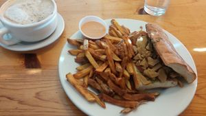 Fries and Pesto Sandwich with Seitan on French Roll at Vertical Diner in Salt Lake City