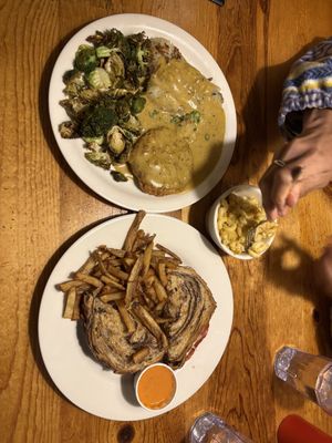 Ruben , mashed potatoes fried chicken , side of Mac and cheese   at Vertical Diner in Salt Lake City