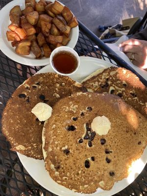 Chocolate chip pancakes and hash browns   at Vertical Diner in Salt Lake City