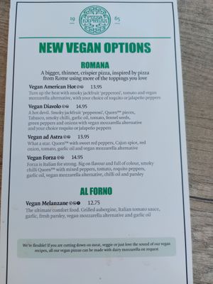 Side one of the vegan menu at Pizza Express in 