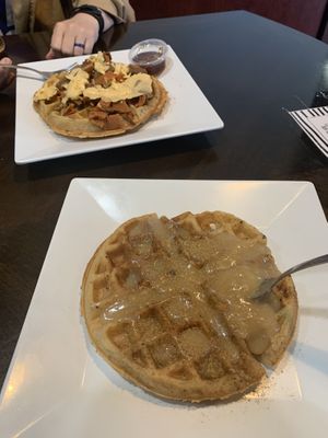 Too: vegan country waffle bottom: vegan Cinnabon waffle at The Buzz Coffee & Cafe in Burnsville