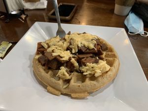 Vegan country breakfast waffle at The Buzz Coffee & Cafe in Burnsville