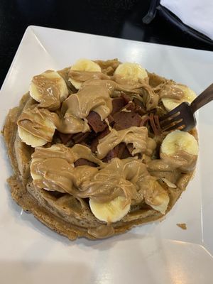 The Presley Vegan. Herbivorous butcher bacon, banana slices, and peanut butter   at The Buzz Coffee & Cafe in Burnsville