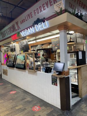 Food stand d7 in the middle isle near veggie stand   at LUHV Vegan Deli in Philadelphia
