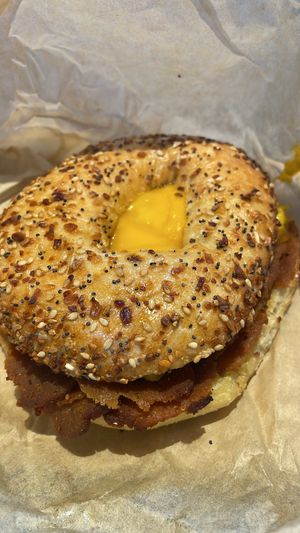 Bacon, egg and Cheese everything is soy  at LUHV Vegan Deli in Philadelphia