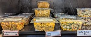 garbanzo/quinoa salad, tuna salad, pasta salad at LUHV Vegan Deli in Philadelphia