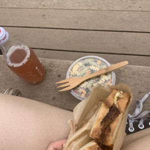 Reuben, pasta salad, and kombucha! Yummmm at LUHV Vegan Deli in Philadelphia