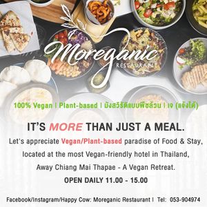 Moreganic Restaurant, a Vegan/Plant-based restaurant, located at "Away Chiang Mai Thapae -  A Vegan Retreat". 🏘️  We serve Lunch in the authentic and comfortable atmosphere ri at Moreganic Restaurant at Away Chiang Mai Thapae Vegan Retreat in Chiang Mai