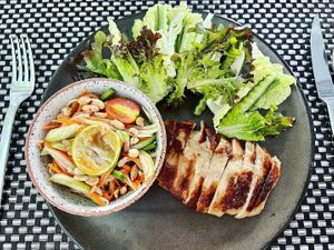 Papaya salad with grilled “chicken "  at Moreganic Restaurant at Away Chiang Mai Thapae Vegan Retreat in Chiang Mai