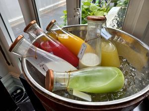 Breakfast buffet juices at Moreganic Restaurant at Away Chiang Mai Thapae Vegan Retreat in Chiang Mai