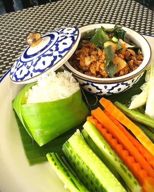 Minced vegan pork stir-fried with local chili powder and fresh herbs. at Moreganic Restaurant at Away Chiang Mai Thapae Vegan Retreat in Chiang Mai