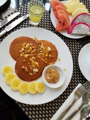 Breakfast (They made me vegan pancakes because the waffles had cow's milk) at Moreganic Restaurant at Away Chiang Mai Thapae Vegan Retreat in Chiang Mai