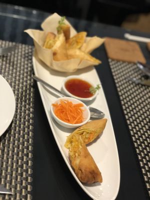 Spring rolls were amazing! Highly recommend. one more not pictured. Filled with glass noodles, carrots, and mushrooms and served with sweet and sour sauce. at Moreganic Restaurant at Away Chiang Mai Thapae Vegan Retreat in Chiang Mai