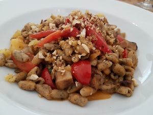 pasta with black chick peas, eggplant, two types of tomatoes, roasted nuts, mushrooms, potatoes (all being vegetables from Puglia, the area where the chef originates from!). at Sud - Food of Italy in Bruges