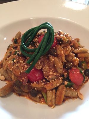 Pasta with black chickpeas and vegetables  at Sud - Food of Italy in Bruges