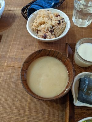 Miso soup with soy milk, Rice with beans at Kitotoki in Kamakura