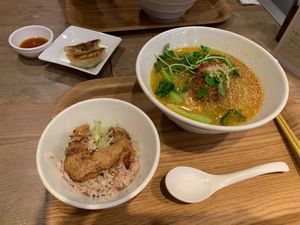 White sesame ramen set with 3 gyoza side.  at T's Tantan - JR Ueno in Tokyo