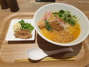 Golden sesame ramen + Vegan cheese / Soy meat / Coriander topping at T's Tantan - JR Ueno in Tokyo