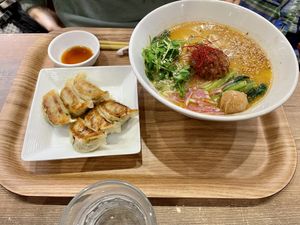 Golden sesame ramen and gyoza  at T's Tantan - JR Ueno in Tokyo
