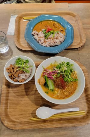 Massage curry, soymeat bowl with rice, and golden sesame ramen #Veganuary at T's Tantan - JR Ueno in Tokyo