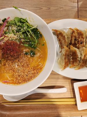 Golden sesame ramen and vegetable gyoza 👌 at T's Tantan - JR Ueno in Tokyo