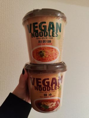 2 of 3 vegan Cup noodles you can buy there at T's Tantan - JR Ueno in Tokyo