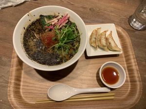 Black sesame ramen with vegetable gyoza  at T's Tantan - JR Ueno in Tokyo